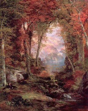 トーマス・モラン Painting - 木々の下の秋の森 ロッキー山脈学校 トーマス・モラン